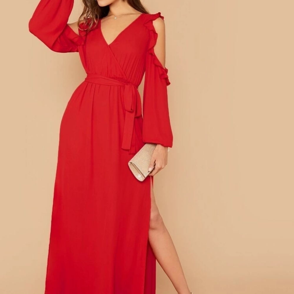Red Maxi Dress with long sleeve Open arms slit
